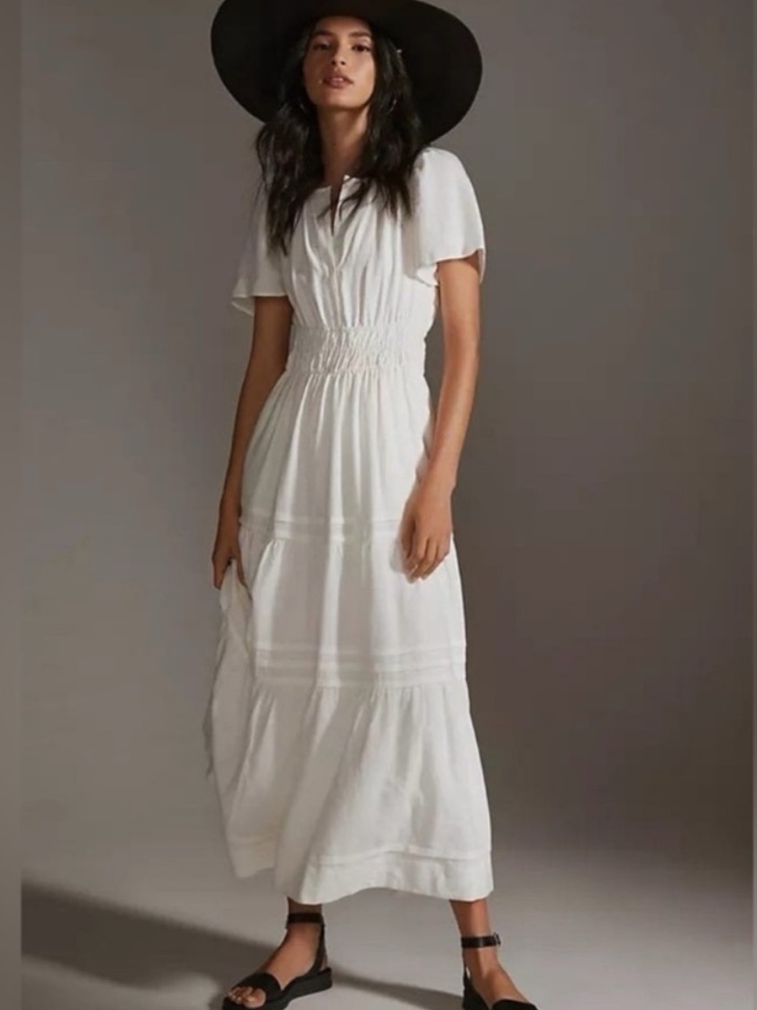 Anthropologie Somerset Maxi Dress Tiered Smocked Split Neck Linen White Size Xs